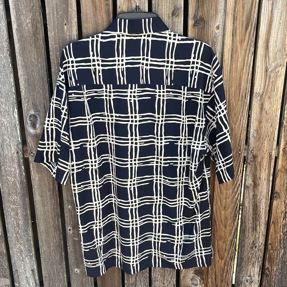 Bullock & Jones M Men's Silk Black Cream Plaid Shirt Short Sleeves Medium Dressy - Picture 6 of 8